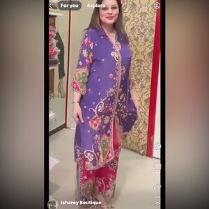 Purple Floral digital print Kurta with fuschia bottom coord set, Indian